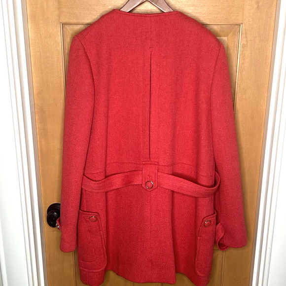Tory Burch Wool Pea Coat XL Red Double Breasted Gold Buttons Belted Alek Jacket - Picture 7 of 12